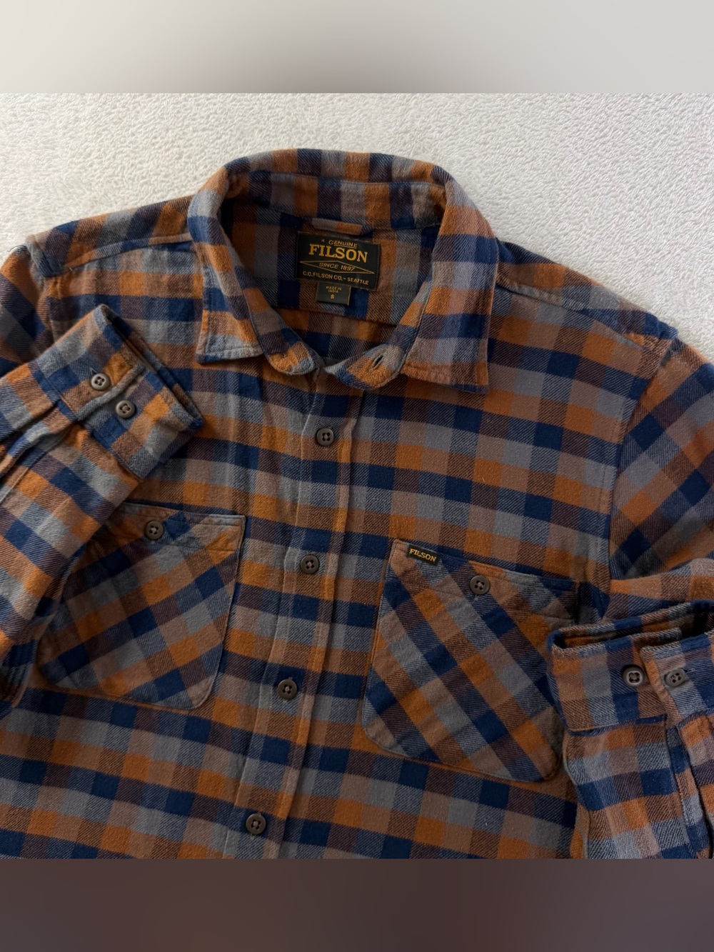 Filson Blue Brown Plaid Cotton Flannel Shirt Small